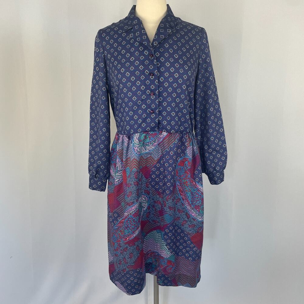Vtg Shirt Dress Size Large Blue Patchwork Print Office Secretary Retro 70s 80s